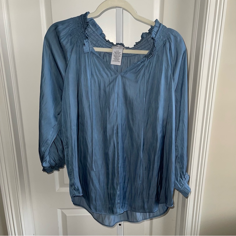 Carmen Marc Valvo Blue Satin Peasant Blouse Long Sleeve Smocked Neck Size L - Picture 1 of 4